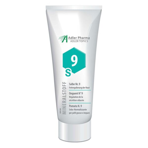 Tube mit Salbe Nr. 9 zur Regulierung der Hautfettproduktion in modernem Design.
