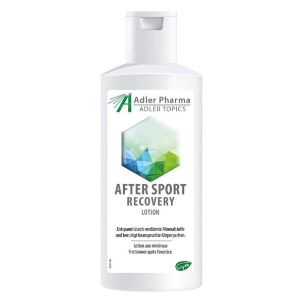 Weißer Lotionflakon mit grün-blauer grafischer Gestaltung und dem Text 'AFTER SPORT RECOVERY'