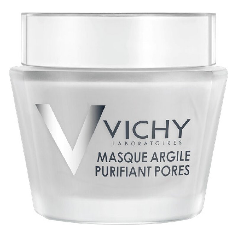 Helle, runde Dose mit weißem Inhalt, beschriftet mit "Vichy Masque Argile Purifiant Pores" und einem silbernen Logo.