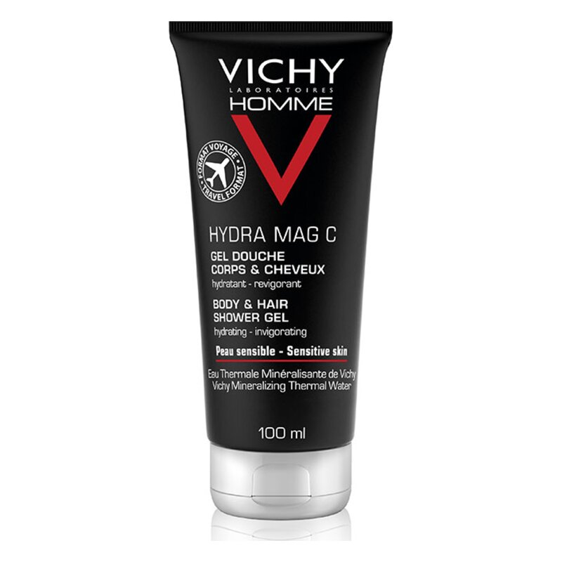 Schwarze Tube mit weißer und roter Schrift für ein Duschgel von Vichy für Körper und Haare, 100 ml.