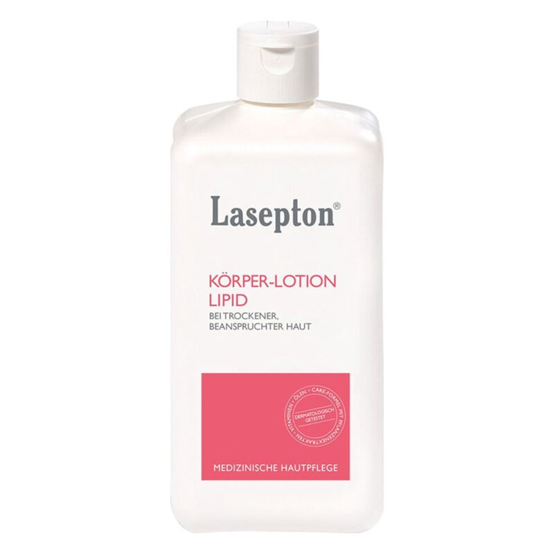 Weiße Flasche mit Lasepton Körper-Lotion, speziell für trockene Haut, mit einem praktischen Klappverschluss.