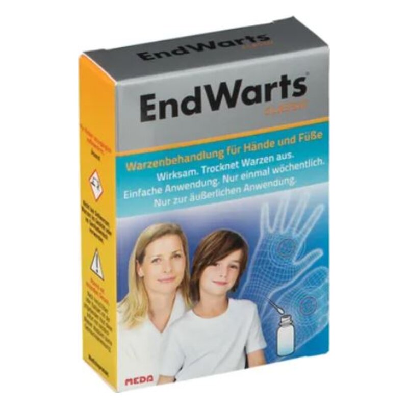 Box des Produkts EndWarts zur Warzenbehandlung, mit Bild eines Erwachsenen und eines Kindes sowie Anwendungshinweisen.