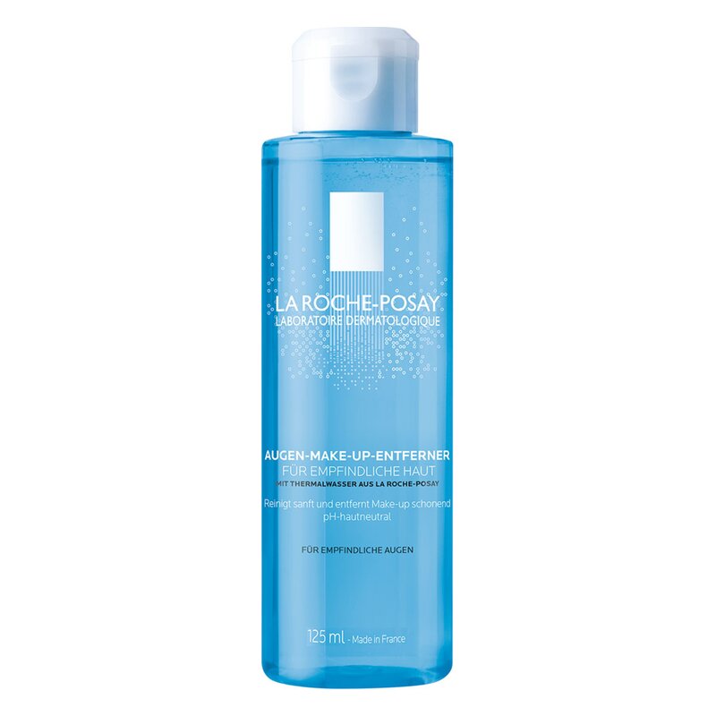 Durchsichtiger blauer Augen-Make-up-Entferner in einer Plastikflasche mit Spender und pH-neutraler Formel für empfindliche Haut.