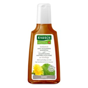 Flasche Rausch Huflattich Anti-Schuppen Shampoo mit Pumpverschluss, brauner Flüssigkeit, Herstellerlogo und Inhaltsinformationen.