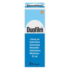 DuoFilm Lösung in einem blauen Karton, wirksam gegen Warzen, enthält Salicylsäure und Milchsäure, 15 ml