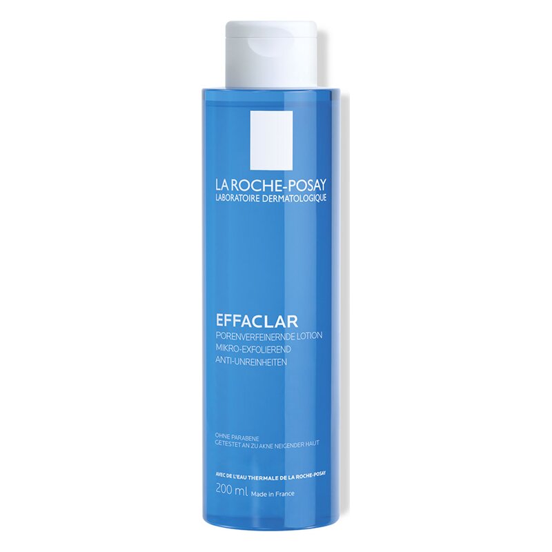 Flasche mit blauer porenverfeinernder Lotion von La Roche-Posay, 200 ml, ohne Parabene.