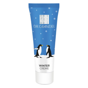 Hautcreme in einer blauen Tubenverpackung mit Pinguinmotiven und Schneeflocken, beschriftet mit 'WINTER CREME'.