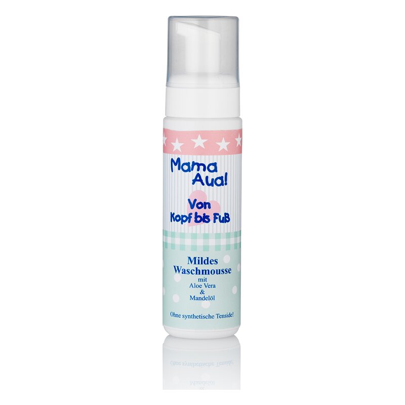 Pumpflasche mit mildem Waschmousse für Kinder, enthält Aloe Vera und Mandelöl, fröhliches Design mit Sternen.