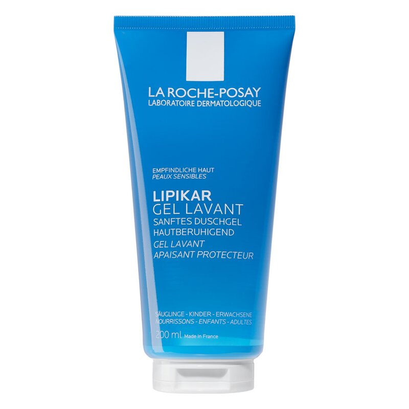 Blaue Verpackung von La Roche-Posay Lipikar Gel Lavant, sanftes Duschgel für empfindliche Haut, 200 ml.