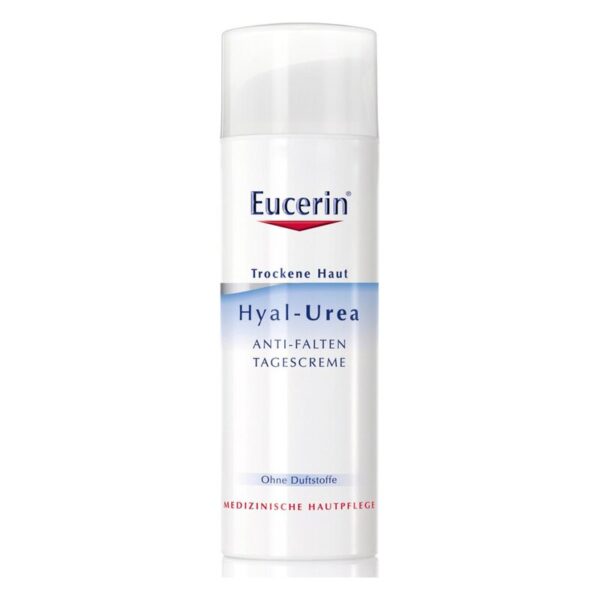 Eucerin Hyal-Urea Anti-Falten Tagescreme in einer weißen Kunststoffflasche mit Pumpe, für trockene Haut, ohne Duftstoffe.