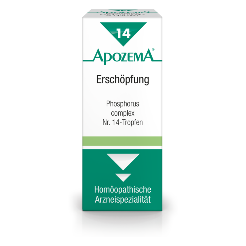 Packung mit homöopathischen Tropfen gegen Erschöpfung, grün-weiße Gestaltung, mit wichtiger Produktinformation.