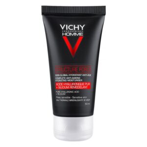 Schwarze Tube mit rotem und silbernem Design, enthält feuchtigkeitsspendende Anti-Aging-Creme von Vichy, 50 ml.