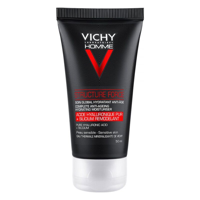 Schwarze Tube mit rotem und silbernem Design, enthält feuchtigkeitsspendende Anti-Aging-Creme von Vichy, 50 ml.