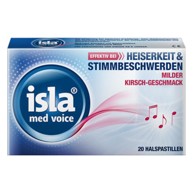 Verpackung von isla med voice Halspastillen mit cherry Geschmack, zur Linderung von Heiserkeit und Stimmproblemen.