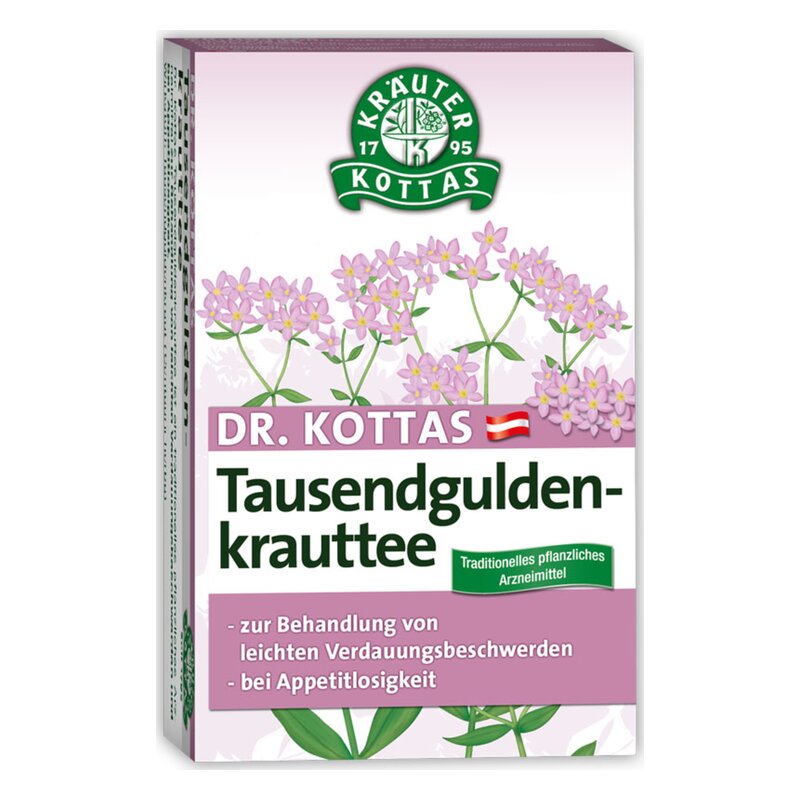 Verpackung von Dr. Kottas Tausendguldenkrauttee mit blühenden Pflanzenmotiven und Anwendungshinweisen für Verdauungsbeschwerden.