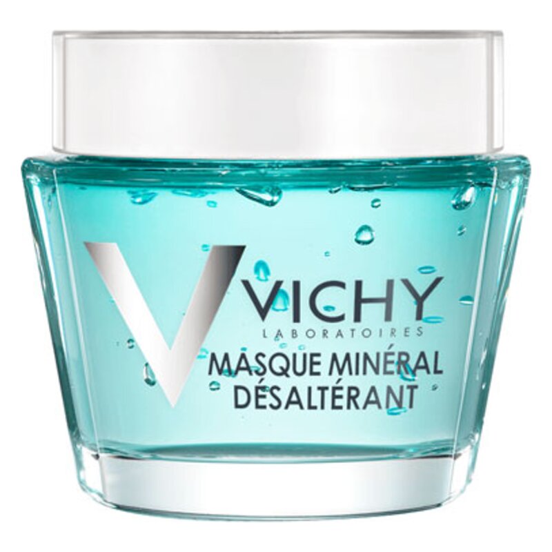 Transparente, rechteckige Creme-Dose mit blauem Inhalt und silbernem Logo von Vichy, beschriftet mit "Masque Minéral Désaltérant".
