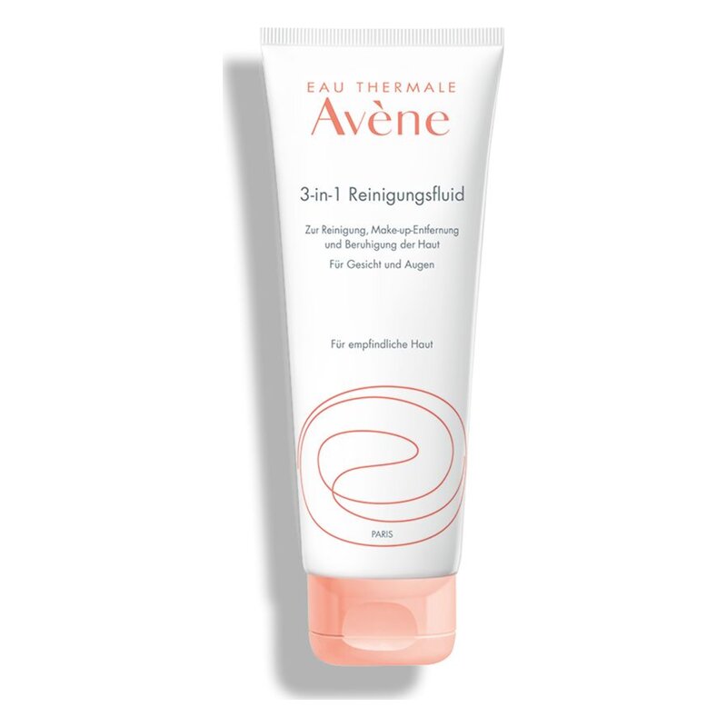 Eine Tube mit 3-in-1 Reinigungsfluid für empfindliche Haut von Avène, mit weißem und rosafarbenem Design.