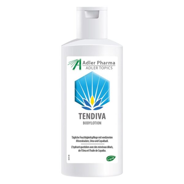 Flasche mit Bodylotion von Adler Pharma, versehen mit einem blauen Logo und Angaben zu Inhaltsstoffen.