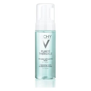 Transparente Reinigungsschaumflasche von Vichy mit Pumpe, für empfindliche Haut, betitelt 'Pureté Thermale'.