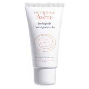 Weiße Tube mit beruhigender Feuchtigkeitsmaske von Avène, geeignet für empfindliche Haut, mit klarer Beschreibung auf der Verpackung.