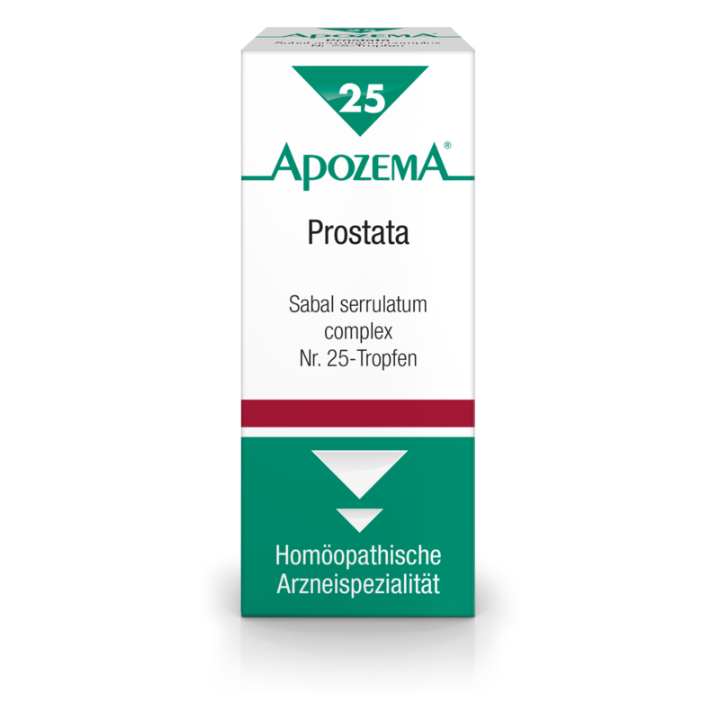 Schachtel mit homöopathischen Tropfen für Prostata, mit Angaben zu Inhaltsstoffen und Anwendungshinweisen.