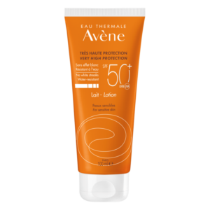 Sonnenschutzlotion in orangefarbener Tube mit hohem Lichtschutzfaktor für empfindliche Haut, wasserfest.