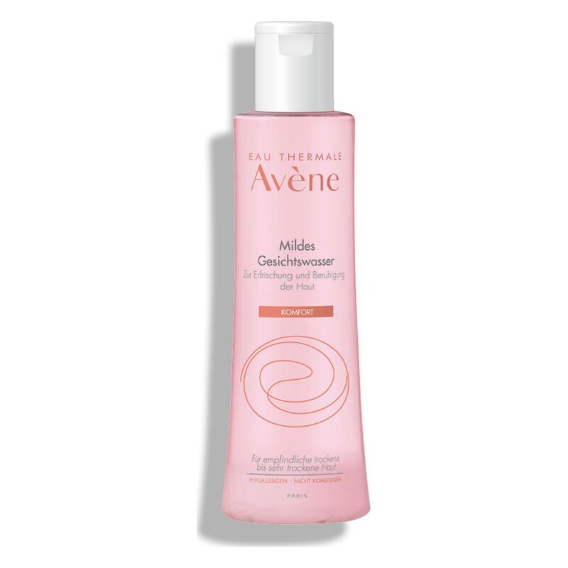 Flasche mit milder Gesichtswasser-Lotion in rosa Verpackung, zur Hautberuhigung und Erfrischung.