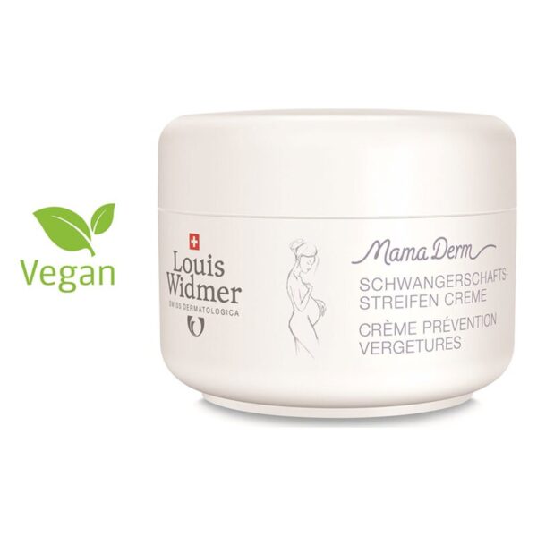 Weiße Verpackung einer Schwangerschaftscreme mit der Aufschrift "Mama Derm" und veganem Symbol.