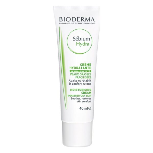Tube mit feuchtigkeitsspendender Creme von Bioderma für fettige, empfindliche Haut, 40 ml.