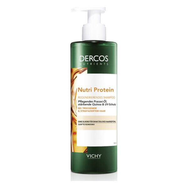 Grüne Flasche mit Pumpkopf, regenerierendes Shampoo für trockenes und strapaziertes Haar mit Quinoa und UV-Schutz.