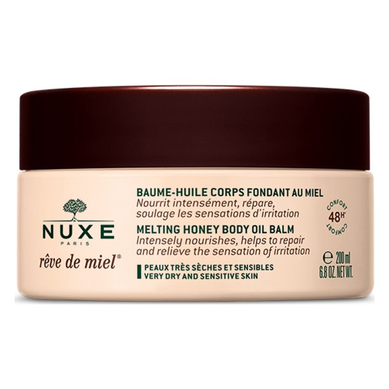 Runder Behälter mit einem dunkelbraunen Deckel und Bezeichnung für einen Honig-Körperbalsam für trockene Haut.