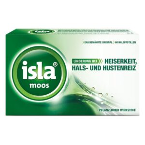 Paket mit 60 Halspastillen von isla moos für die Linderung von Heiserkeit und Hustenreiz, grüne Verpackung.