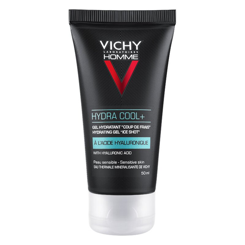 Schwarze Tube mit hydrierendem Gel von Vichy, beschriftet mit "HYDRA COOL+" und Inhaltsstoffen wie Hyaluronsäure.