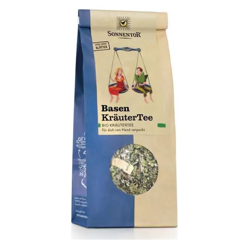 Verpackung von Basen Kräutertee in Papiertüte mit bunten Illustrationen und Sichtfenster für den Inhalt.