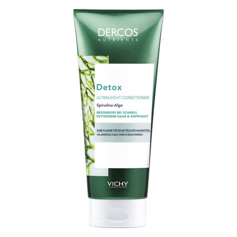 Tube mit ultraleichtem Conditioner mit Spirulina-Alge für fettendes Haar, grüne Verpackung mit weißen Informationen.