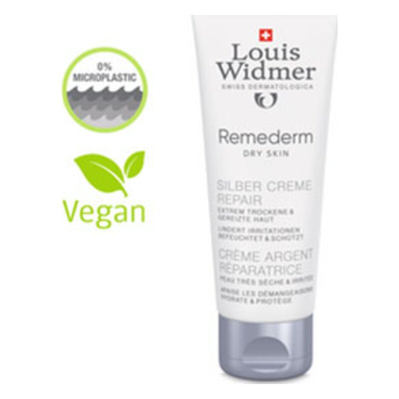 Tube mit Silbercreme für trockene Haut von Louis Widmer, vegan, mit Symbolen für Mikroplastikfreiheit und veganen Inhaltsstoffen.