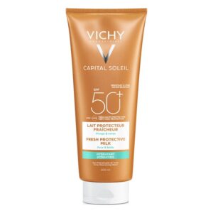 Sonnenschutzmilch mit SPF 50+, in brauner Verpackung, geeignet für Gesicht und Körper, 300 ml.