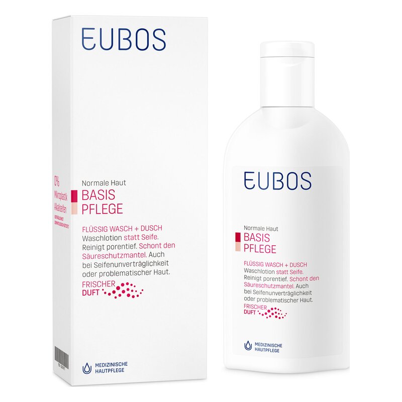 Flasche mit Flüssigwaschlotions für normale Haut, weiß, mit blauer Schrift und rotem Logo, umgeben von einer Verpackung.