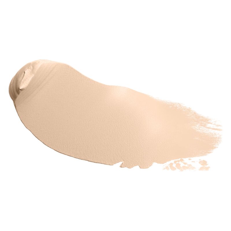 Cremefarbener Makeup-Foundation-Streifen auf weißem Hintergrund, cremige Textur sichtbar.