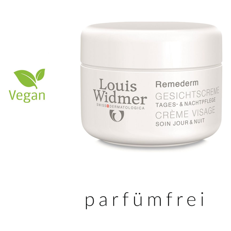 Weißes Tiegelgefäß mit Gesichtscreme von Louis Widmer, vegan und parfümfrei, Inhaltshinweise auf dem Etikett.