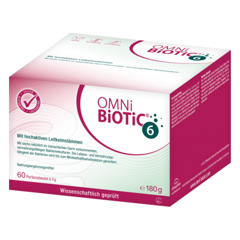 Verpackung von OMNi BiOTiC 6, einem Nahrungsergänzungsmittel mit probiotischen Kulturen, 60 Portionsbeuteln à 3 g.