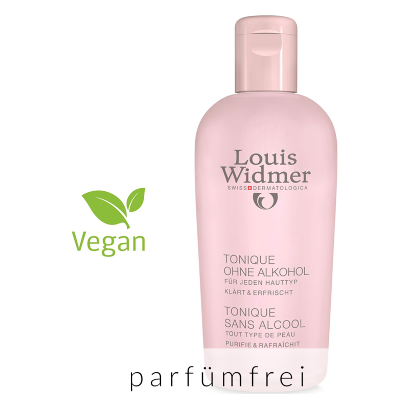 Flasche mit rosa Tonique ohne Alkohol von Louis Widmer, vegan und parfümfrei, für jeden Hauttyp geeignet