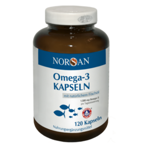 Braune Flasche mit weißen Deckel, enthält Omega-3 Kapseln aus Fischöl, etikettiert mit NORSAN und 120 Kapseln.