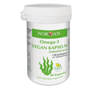 Weißes Kunststoffgefäß mit Schraubdeckel, das vegane Omega-3-Kapseln enthält, gekennzeichnet mit Markendetails.