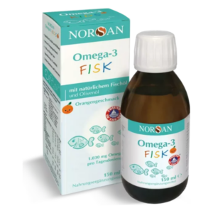 Flasche mit Omega-3-Fischöl in orangefarbiger Verpackung von NORSAN, hergestellt aus Fisch- und Olivenöl.
