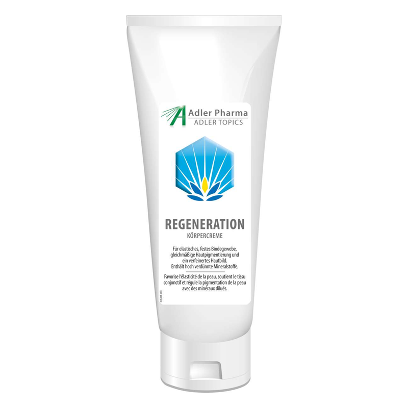 Tube mit Körpercreme namens 'Regeneration', enthält mineralstoffreiche Inhaltsstoffe für gesunde Haut.