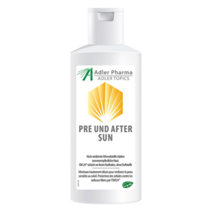 Flasche Sonnenpflege mit weißem Etikett, orangefarbener Muschelzeichnung und Aufschrift "PRE UND AFTER SUN".