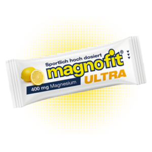 Verpackung eines Nahrungsergänzungsmittels mit Zitronenmotiv, 400 mg Magnesium, sportliche Dosierung angegeben.