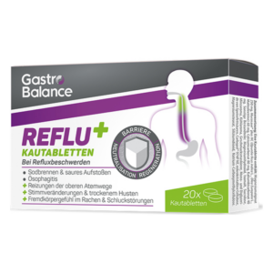 Verpackung von GastroBalance REFLU+ Kautabletten zur Linderung von Refluxbeschwerden, mit Hinweis auf Barriere und Neutralisation.
