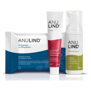 Drei Produkte von ANULIND: Reinigungstücher, Creme zur Linderung von Symptomen und Waschschaum in verschiedenen Behältern.